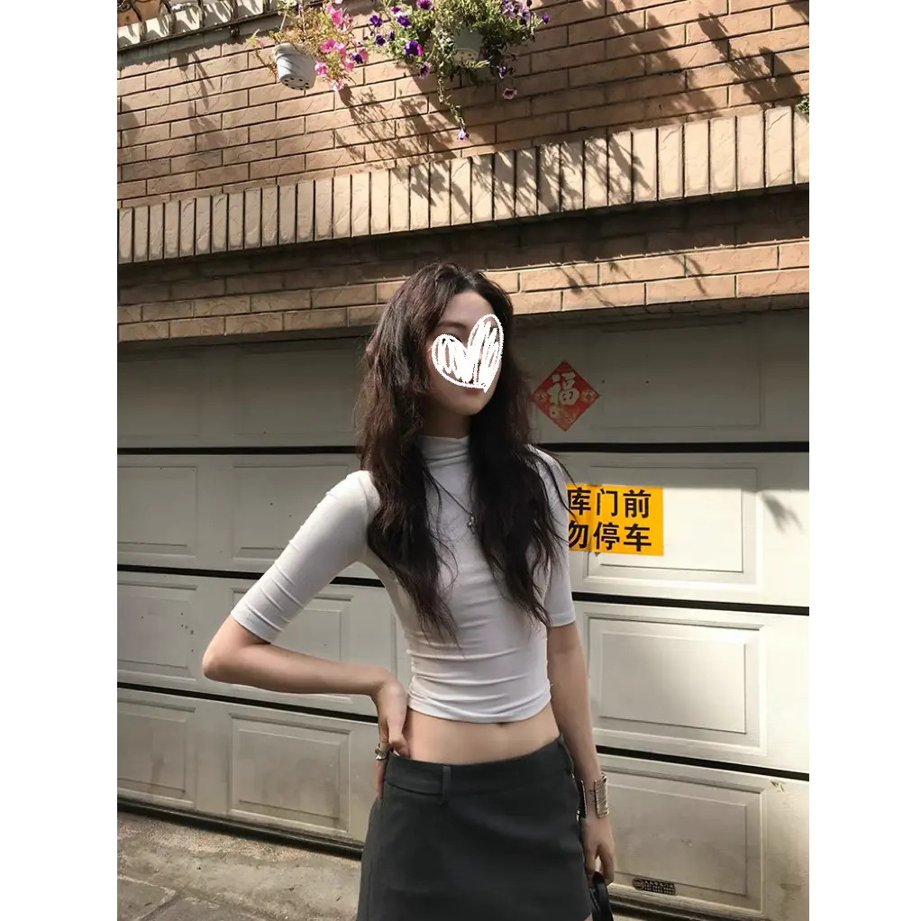 修身短款半高领半袖上衣美式辣妹正肩黑色短袖T恤