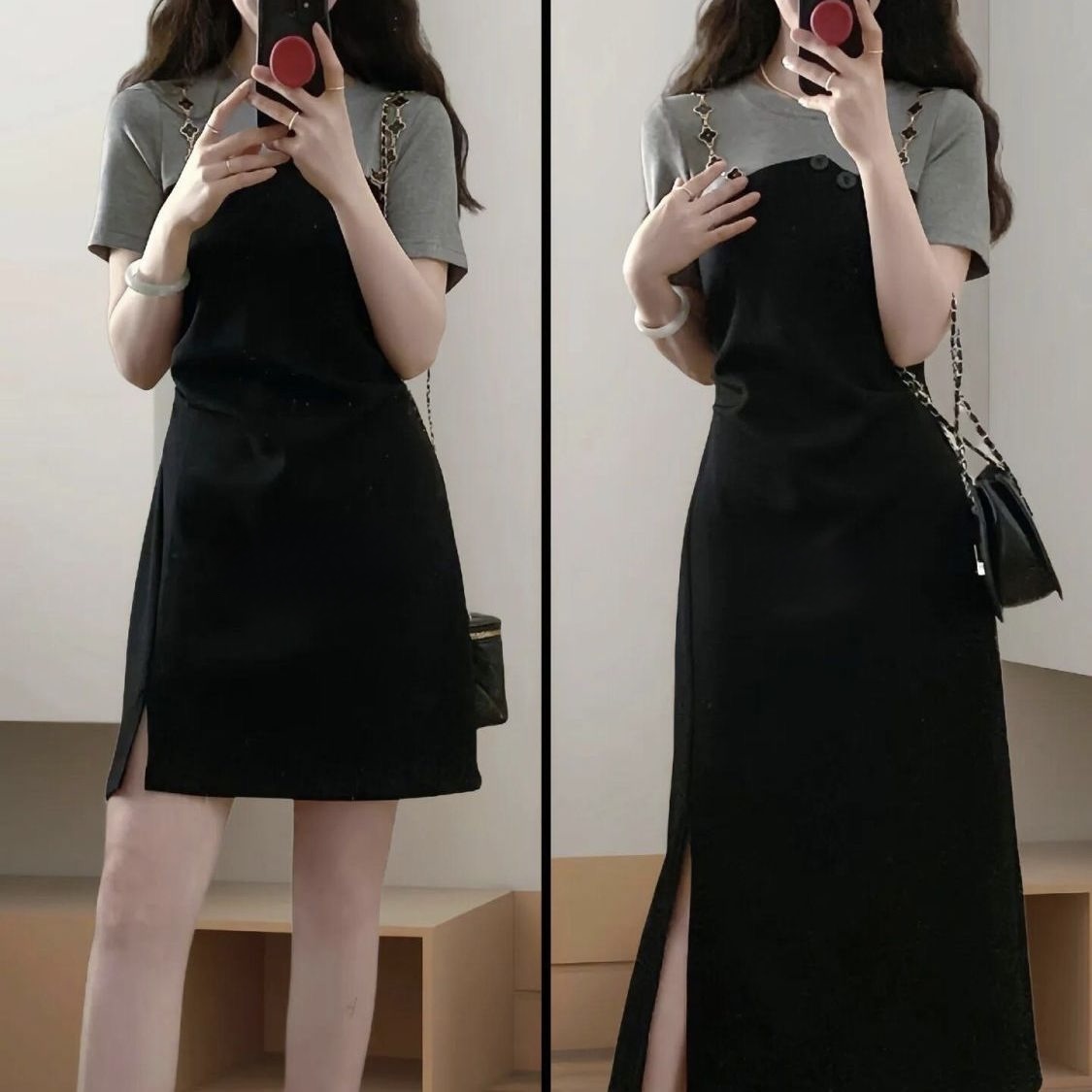 【现货】高级感黑灰色正肩连衣裙女2025夏季掐腰假两件孕妇哺乳裙