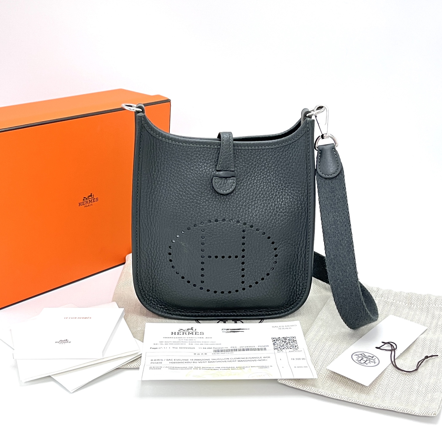 95新 Hermes/爱马仕 沼泽绿银扣伊芙琳mini单肩斜挎包 10599