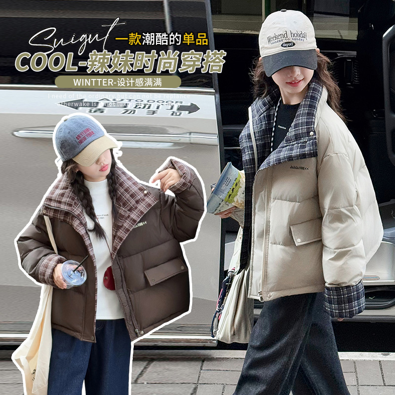 女童冬季韩版休闲加厚格子棉服外套中大童初中生洋气儿童冬装棉衣
