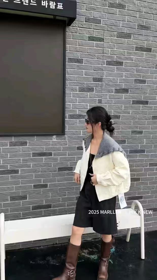 时尚百搭设计感针织拼接海军领短款外套女2025秋新款休闲薄棉衣