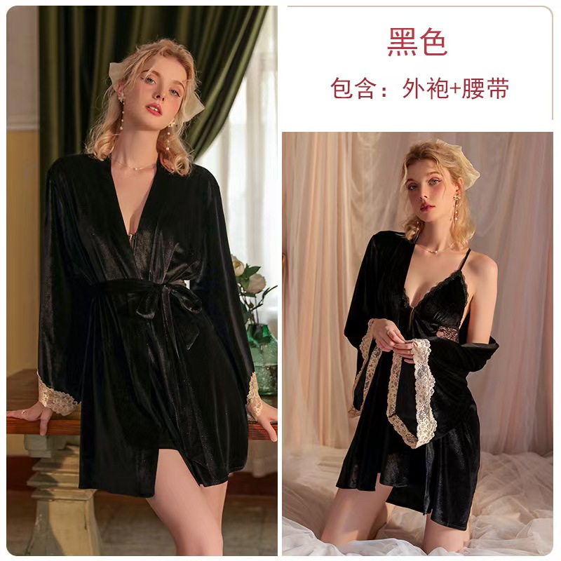 秋冬法式轻奢蕾丝性感甜美睡裙长袖外袍