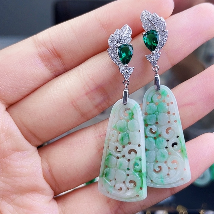 翡翠耳饰银S925镶嵌饰品