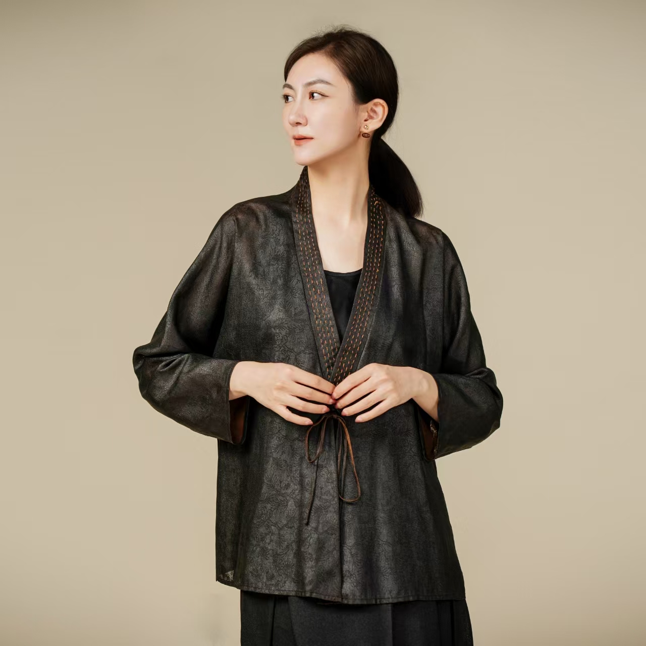 【栖香锦】莨纱设计师款汉服式交叠领新中式上衣2店