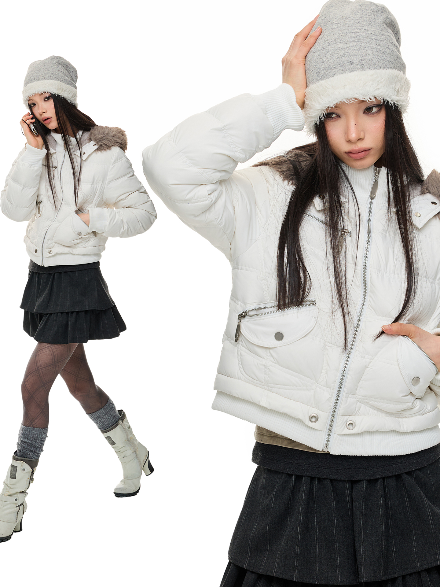 JIKOO【波普胶糖】重工设计古早风排骨连帽90白鸭短款羽绒服外套