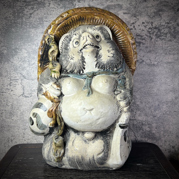 日本正品信乐烧白泥陶制大号老福狸摆件(高36.5cm重约5.5kg)