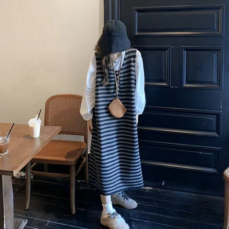 大码女装时尚背心连衣裙韩版宽松T恤遮肉显瘦慵懒风秋装毛衣裙