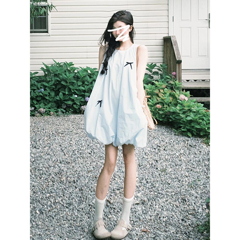 小众设计师蓝色无袖背心连衣裙子新款夏季女装小个子显高短裙