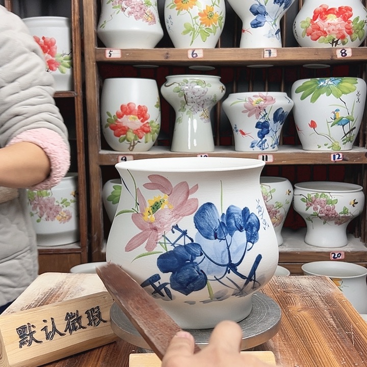 摆件高20口20青花荷花新款陶瓷