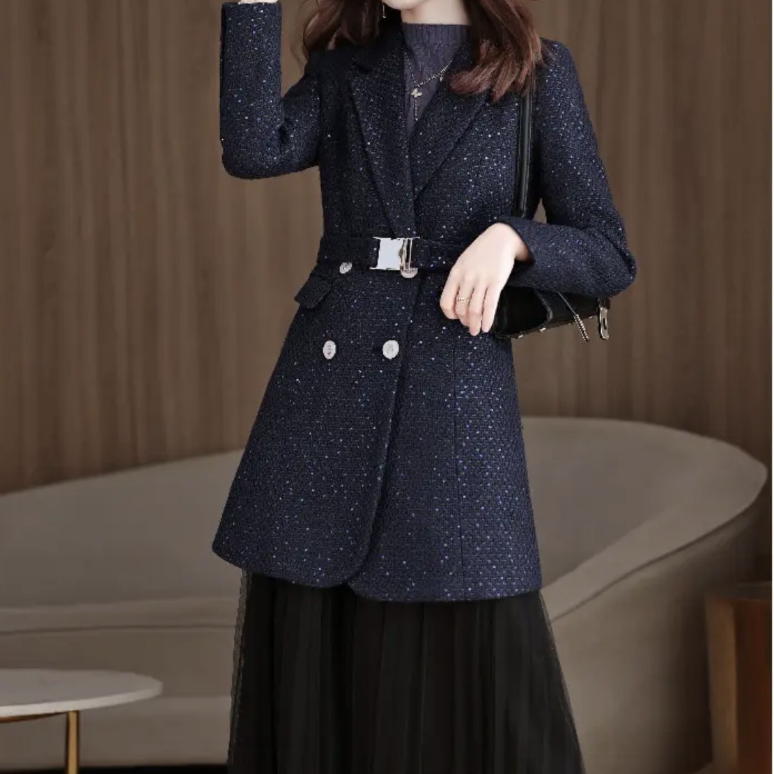 A区8806厚款秋季长袖中长款直筒气质时尚上衣（单西）