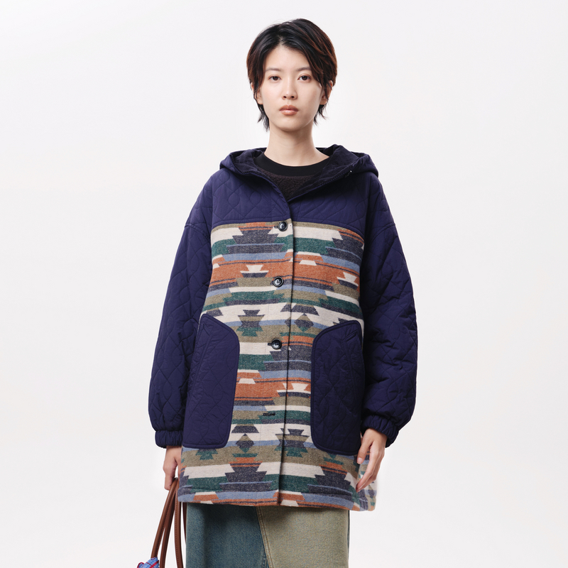 【新】MOVEUP幻走2025冬季.FUN 撞布连帽中长款棉外套女3EWD20932