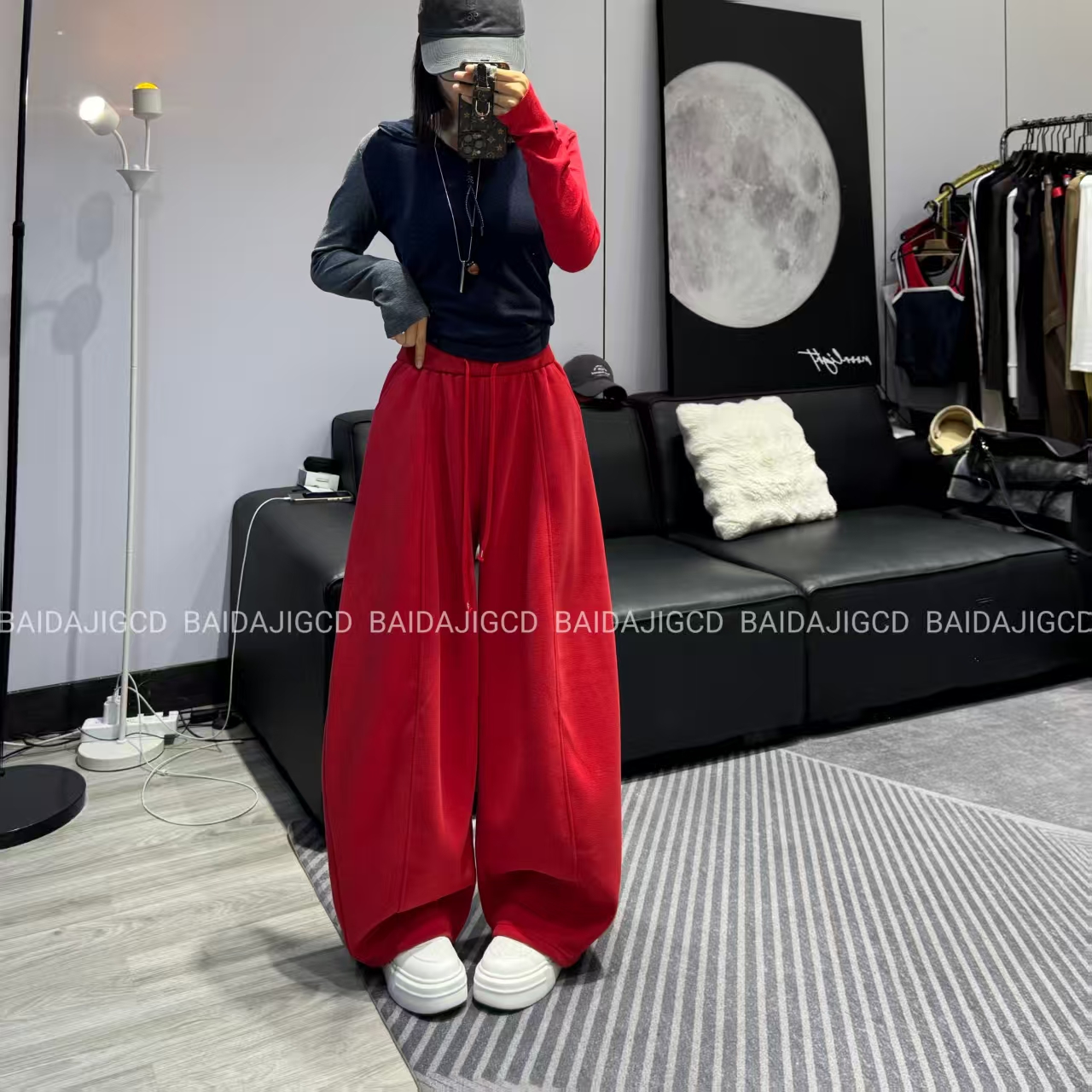 工厂店-（靓丽夺目）秋冬网红款纯色高腰显瘦时尚加绒阔腿裤（66356）