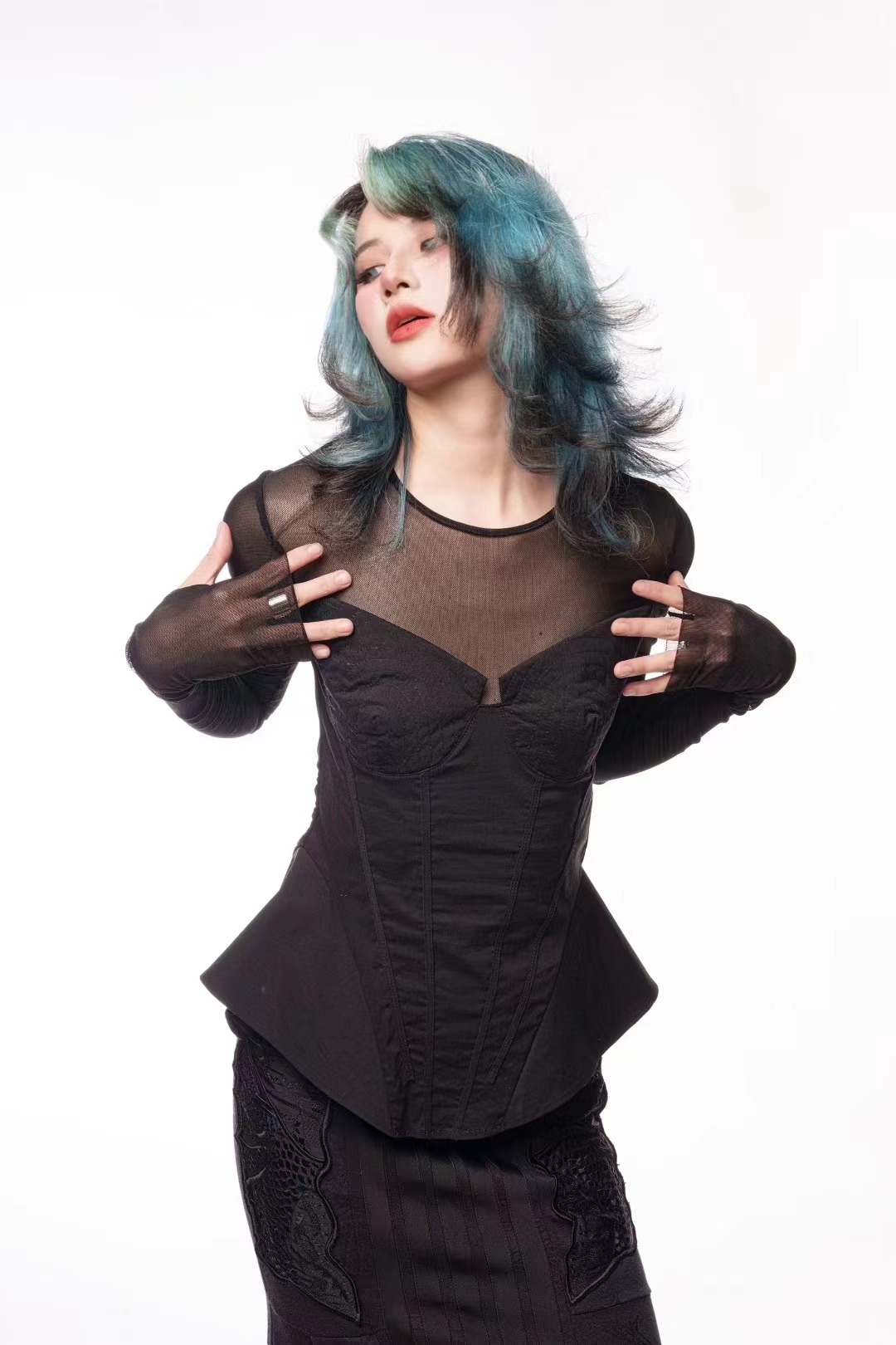 2025新款妖客设计师品牌修身显瘦时尚皮肤衣打底网纱上衣长袖  女