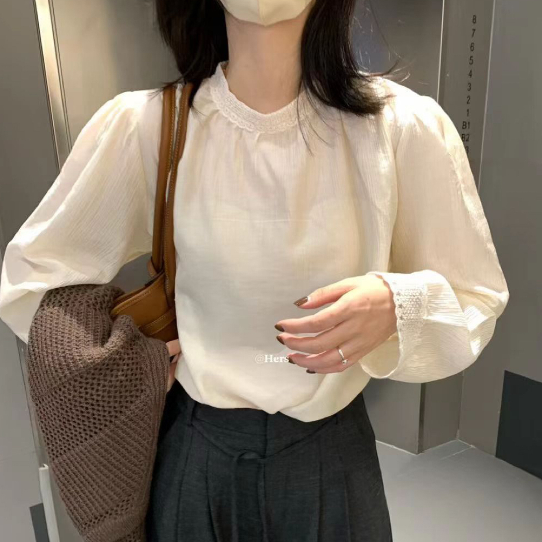 8921新款甜美蕾丝拼接立领雪纺衫（衣长60左右)
