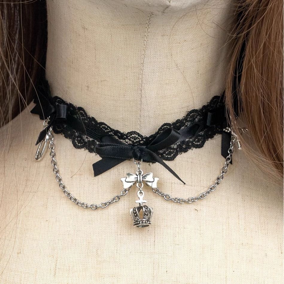 合金布艺项链 暗黑系项链原创choker蝴蝶结皇冠颈圈项链哥特风