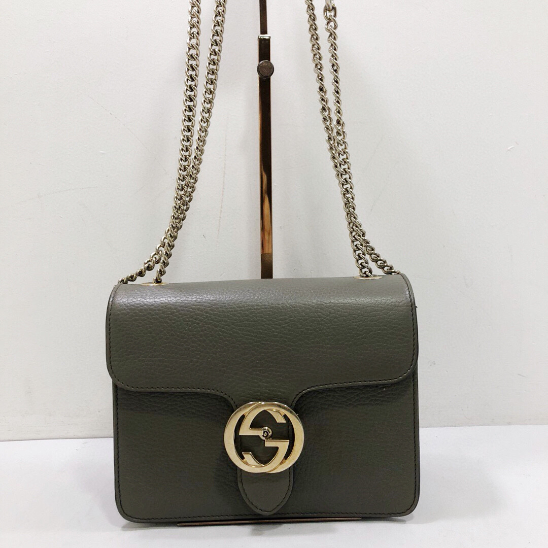 95新 GUCCI/古驰 古驰全皮灰金链条单肩斜挎风琴包