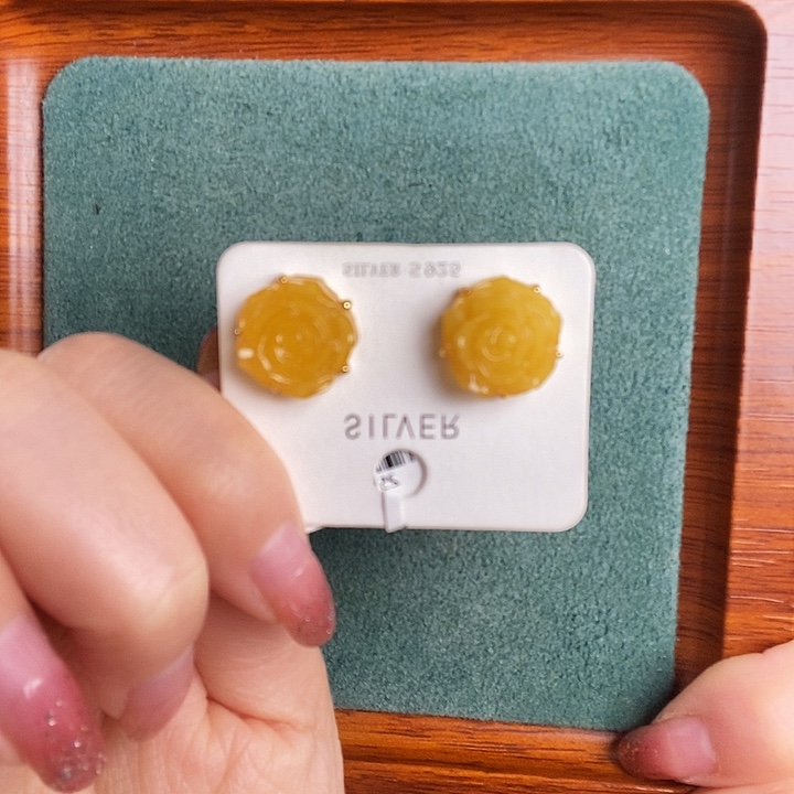 蜜蜡银S925镶嵌耳饰耳钉