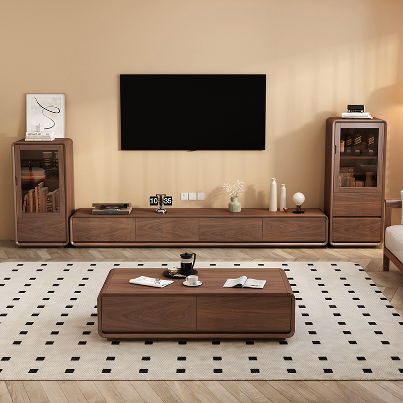 实木电视柜小户型胡桃木色客厅家用2025新款茶几组合落地电视机柜