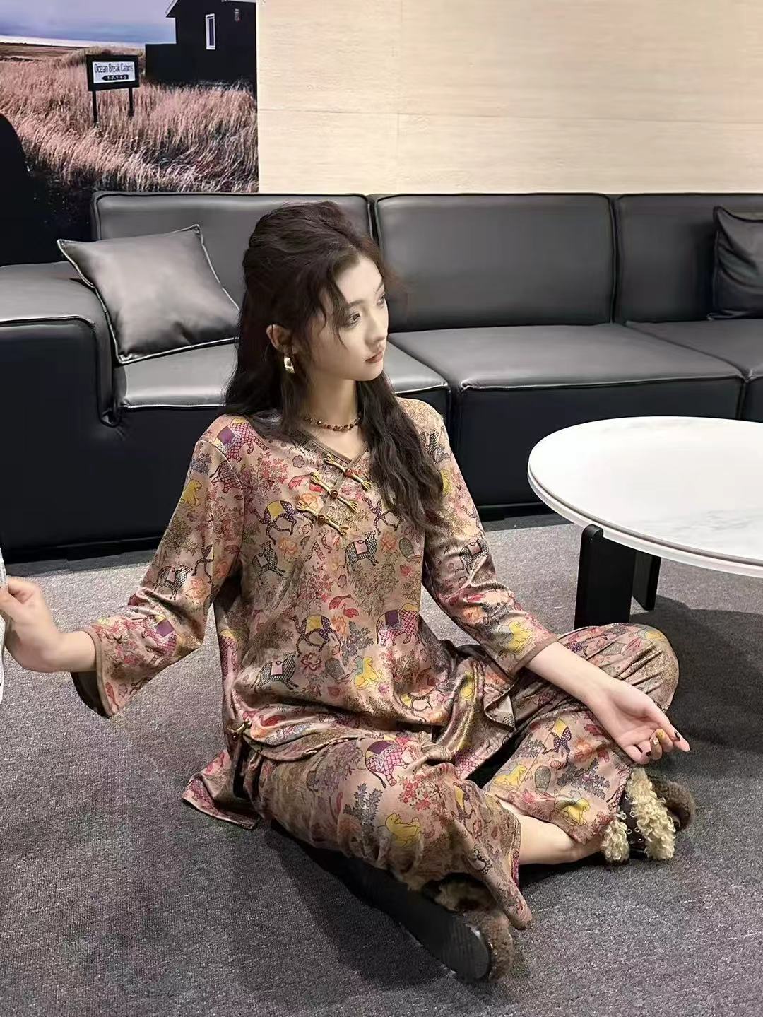 大码星空绒新款动物碎花女九分裤睡衣家居服套装套装印花显瘦圆领