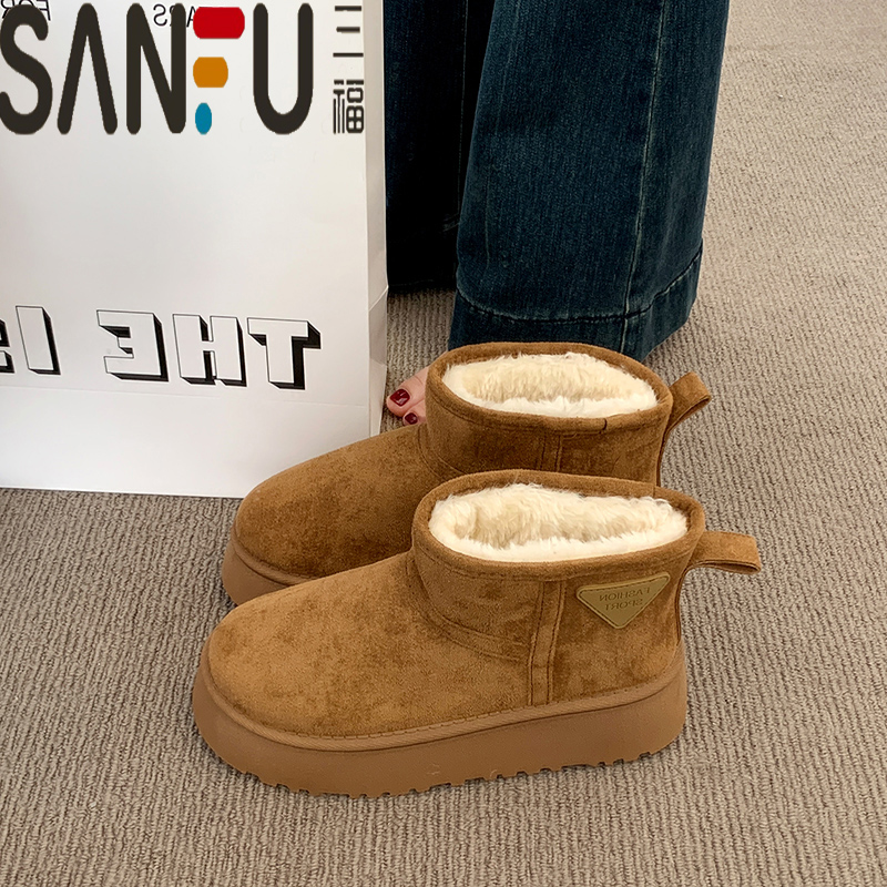 三福厚底增高5cm雪地靴女款2025冬季新款加绒加厚短筒防水雪地鞋