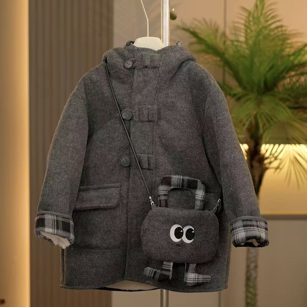 幂姐童装 儿童呢大衣2025冬季新款加绒加厚连帽中长款棉服外套