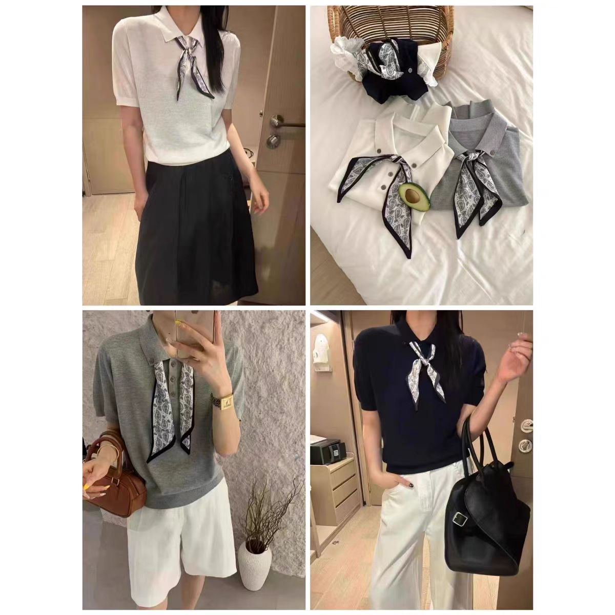 100莱赛尔天丝设计感韩版时尚翻领新款丝巾针织短袖