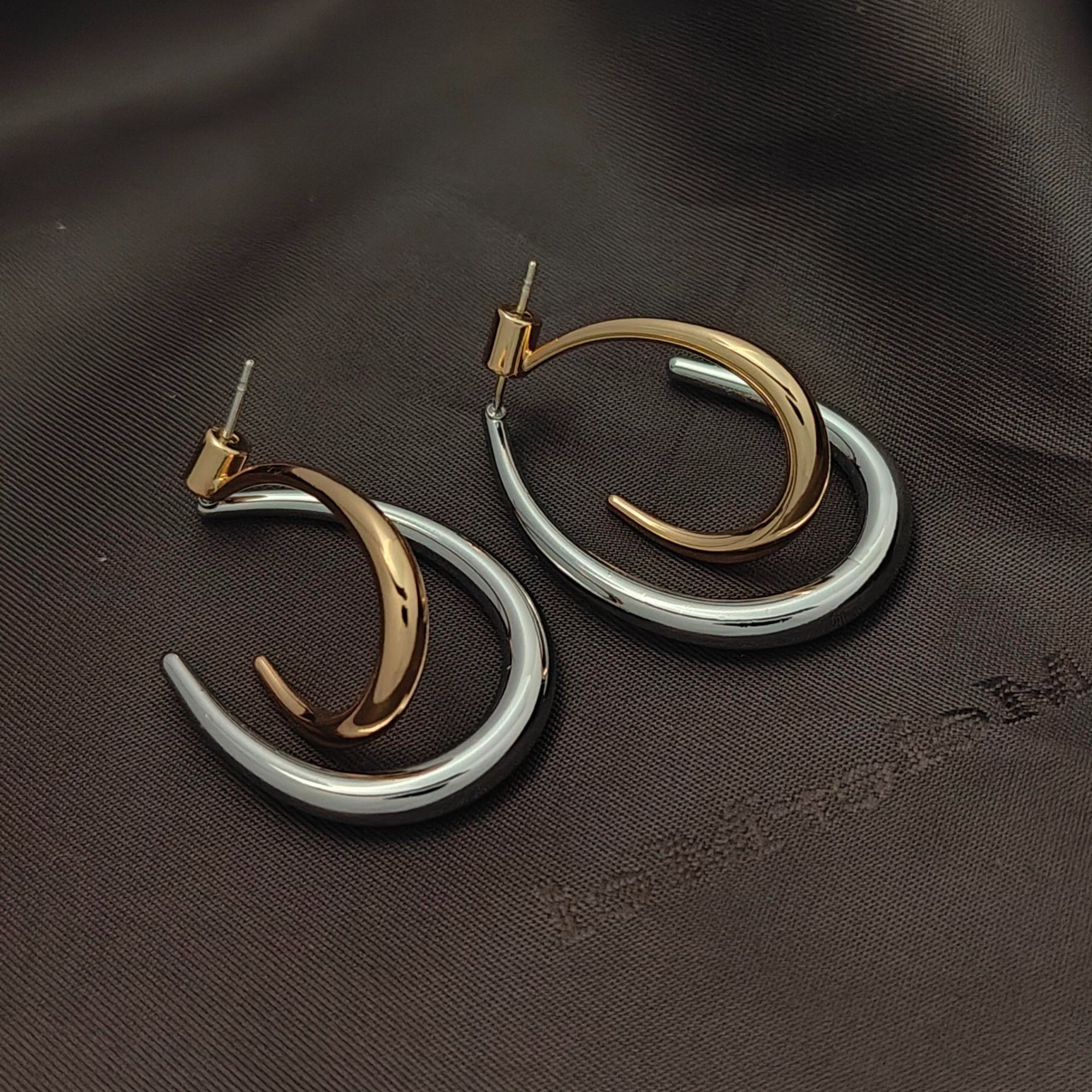 铜合金耳饰 【双环】金银配色水滴波西米亚老钱风欧美复古【A4636】