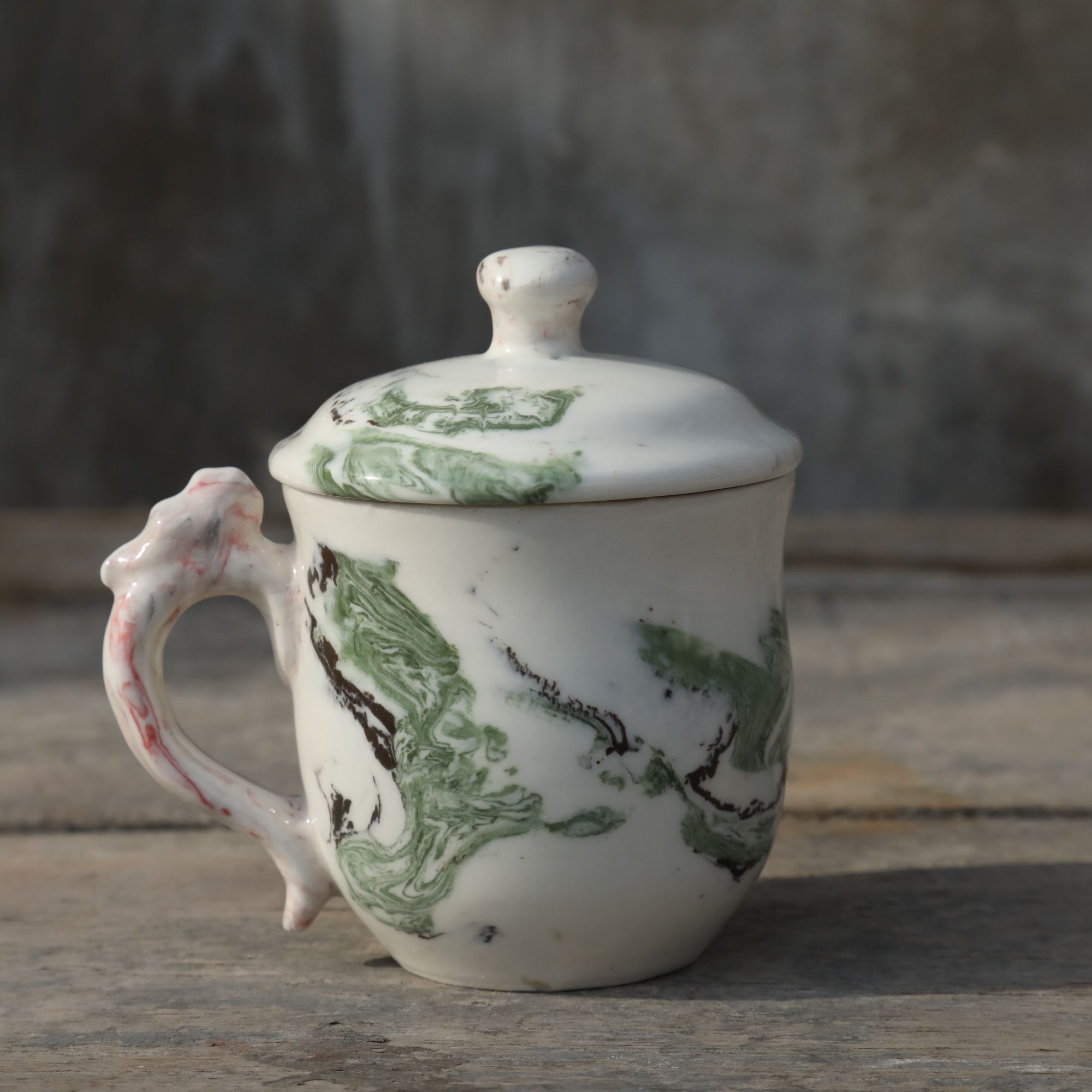 李氏绞胎瓷带盖茶杯（纯手工制作，有手作痕迹，介意慎拍，先验后签）