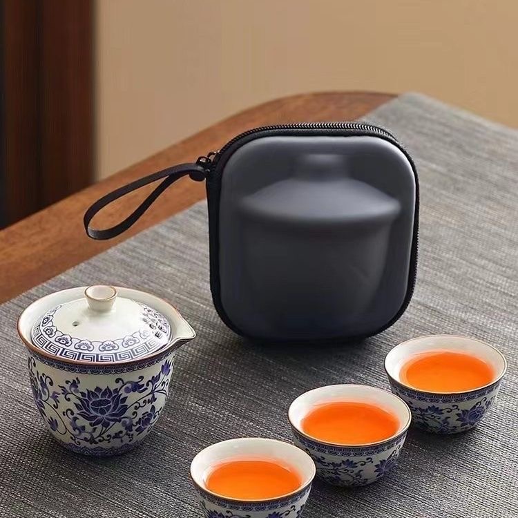 复古家用一壶三杯茶具新款黄汝窑缠枝莲茶具旅行包KK0420