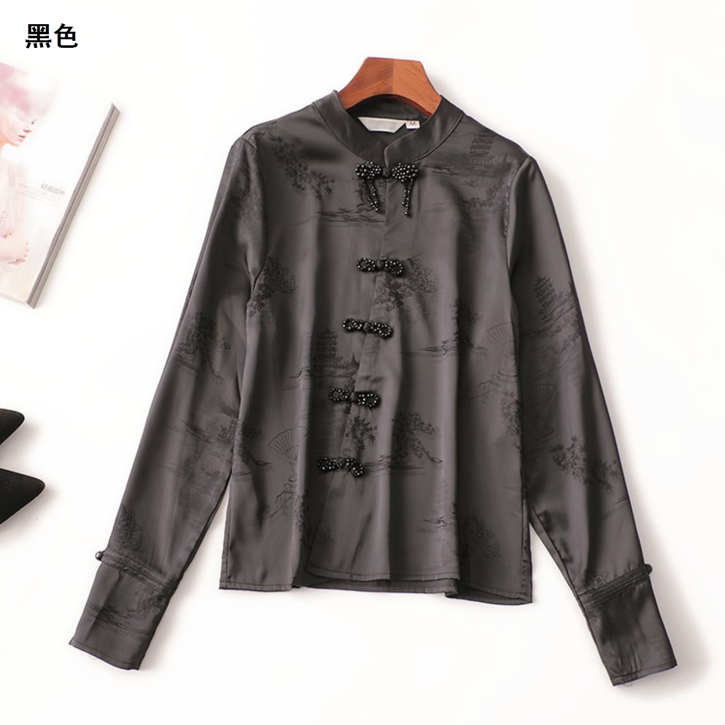 244717秋中长款长袖立领衬衫上衣衬衣
