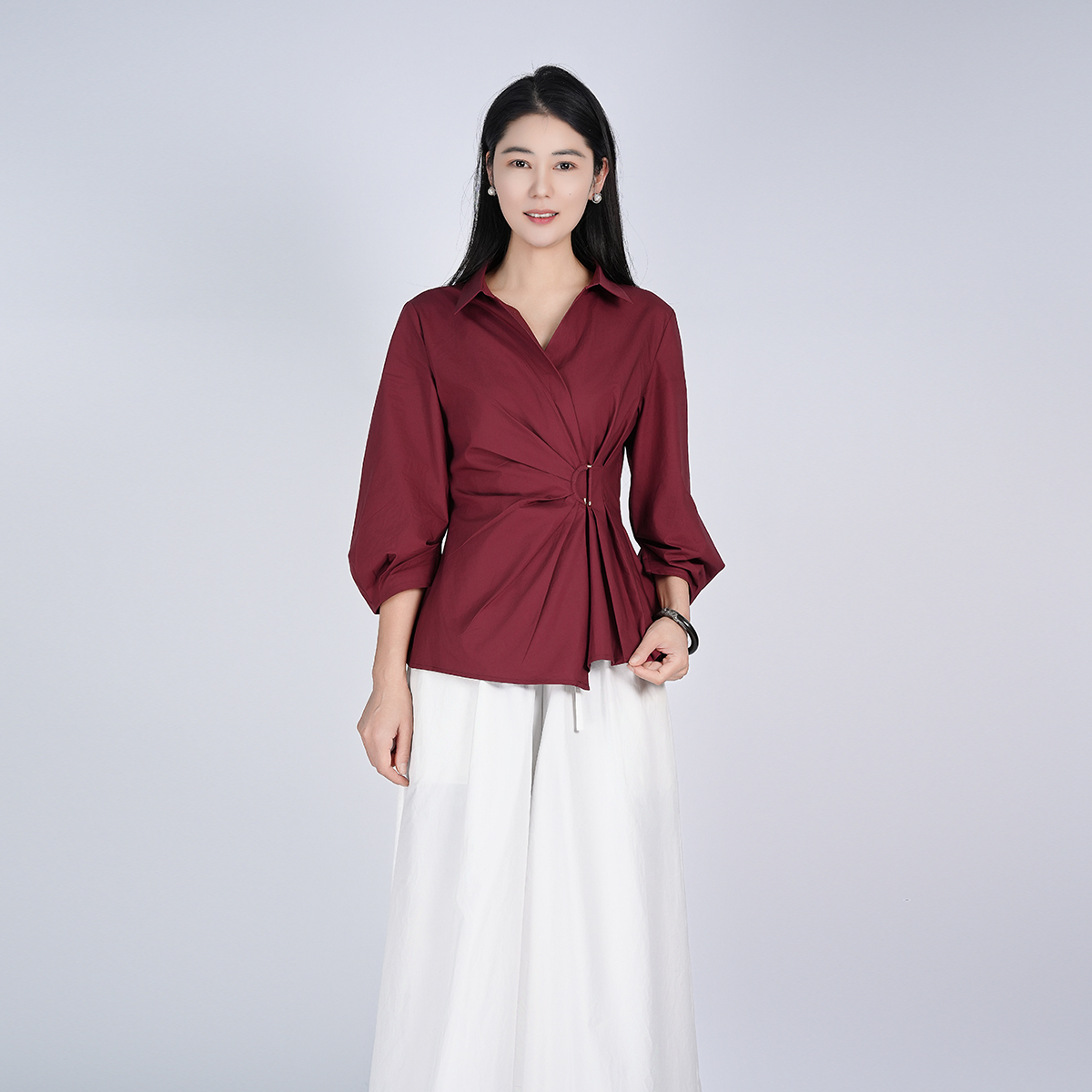 浒城古娘秋季气质舒适纯色显瘦精致宽松纯色女衬衫上衣WH05007393