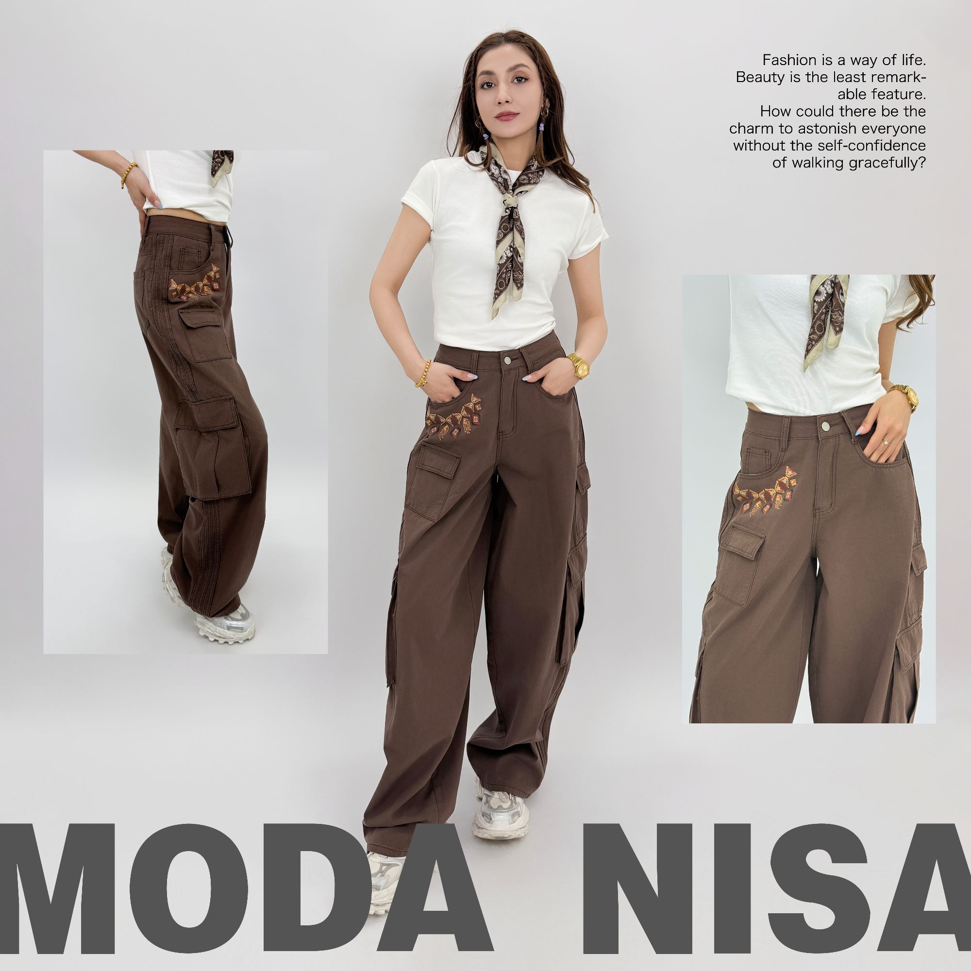 MODANISA工装设计感咖啡棕民族风牛仔裤阔腿加长款工装裤-140-34-