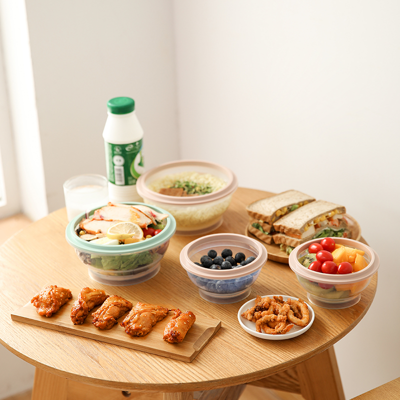 FaSoLa可折叠碗便携式食品级硅胶碗微波炉加热便当收缩带盖圆形碗