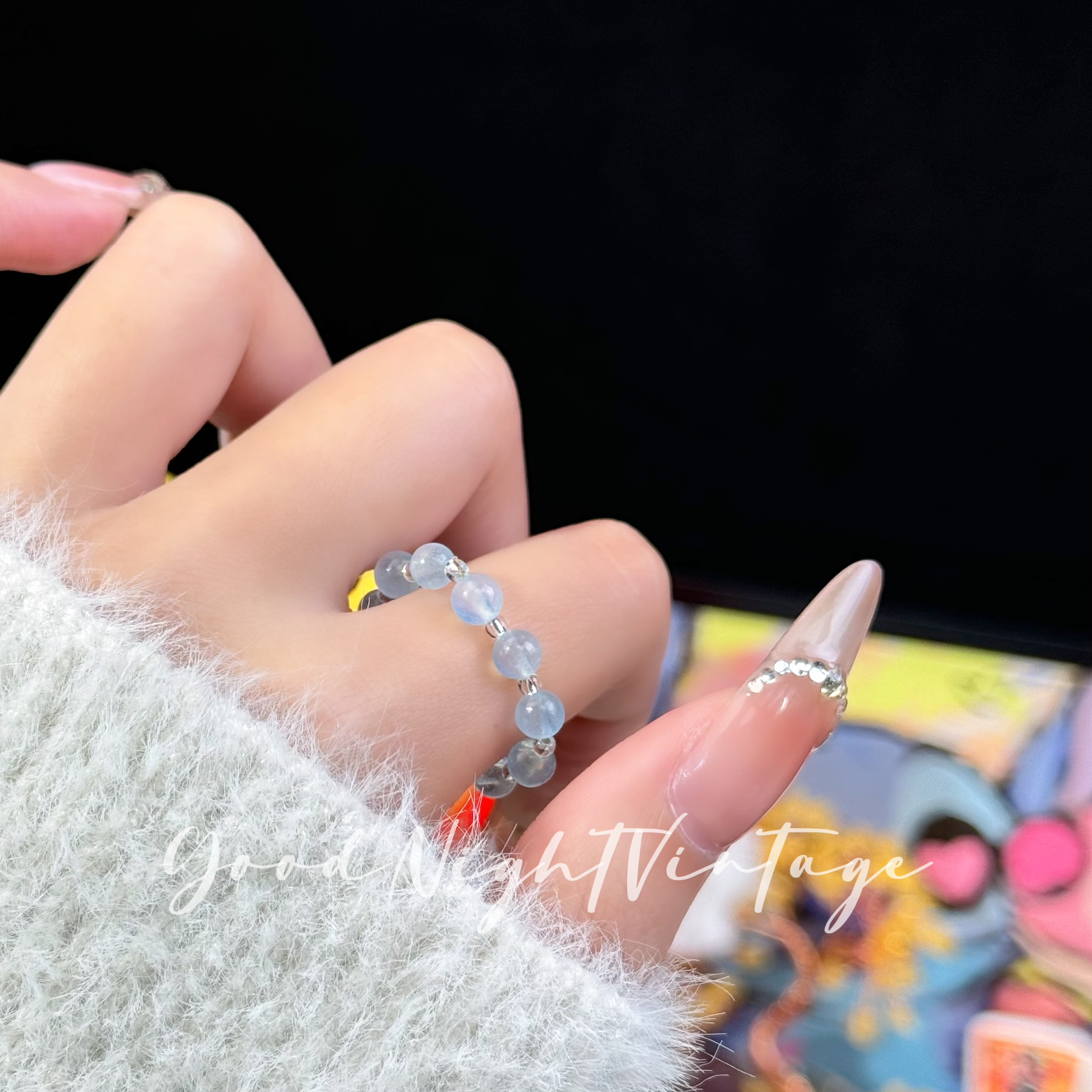 果冻海蓝宝戒指弹力绳串珠戒指女天然水晶戒指
