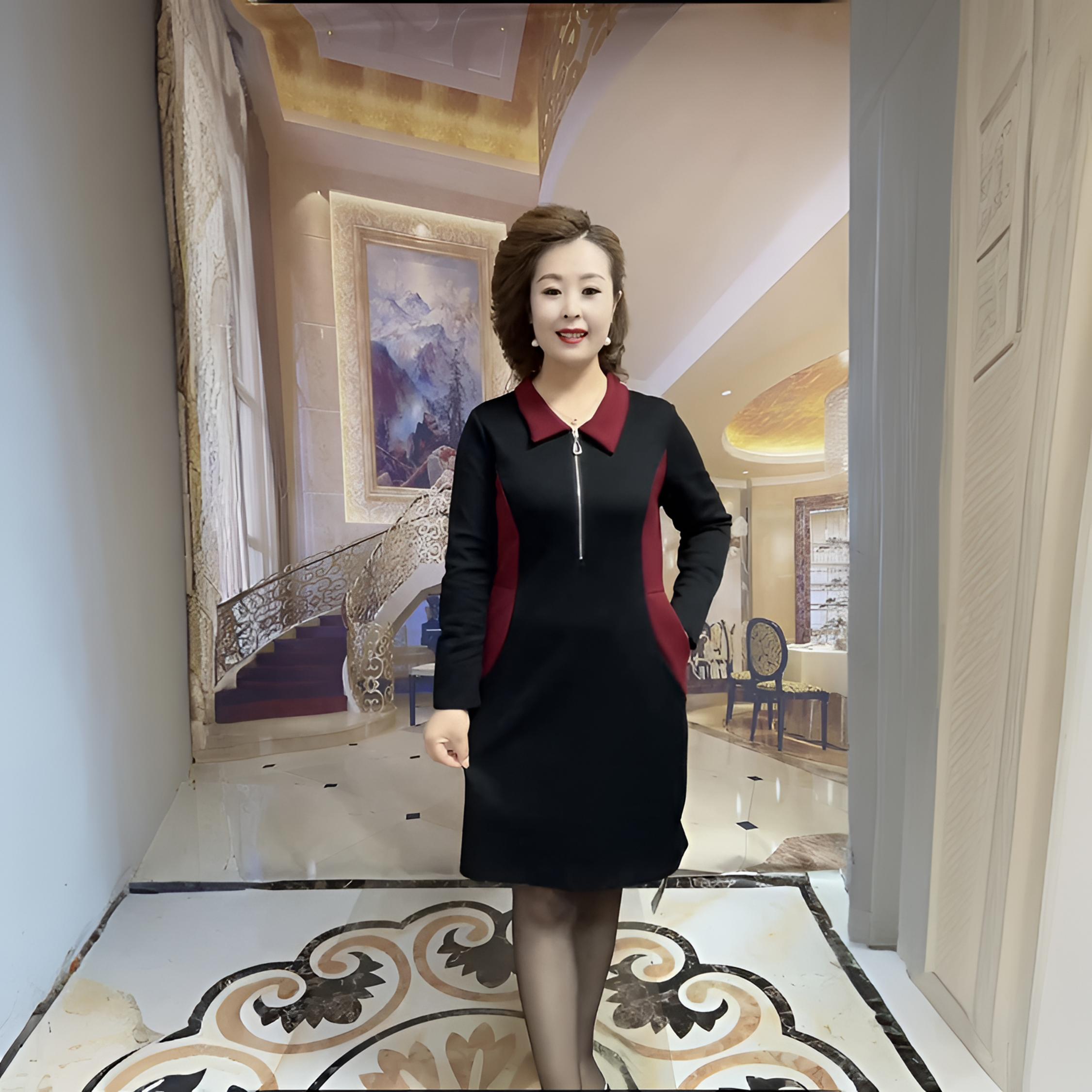 新年秋冬连衣裙撞色设计时尚拼接遮肉减龄翻领显瘦阔太太气质上衣