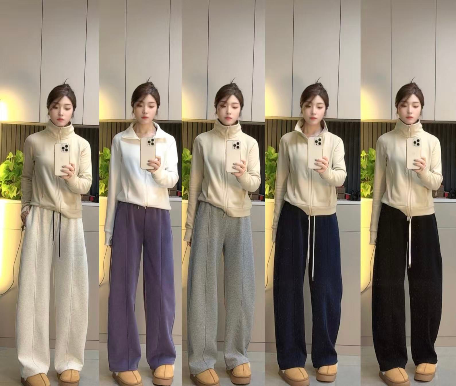 【加绒加厚】赵露思同款慵懒风女宽松百搭螺纹腰头刺绣休闲弯刀裤