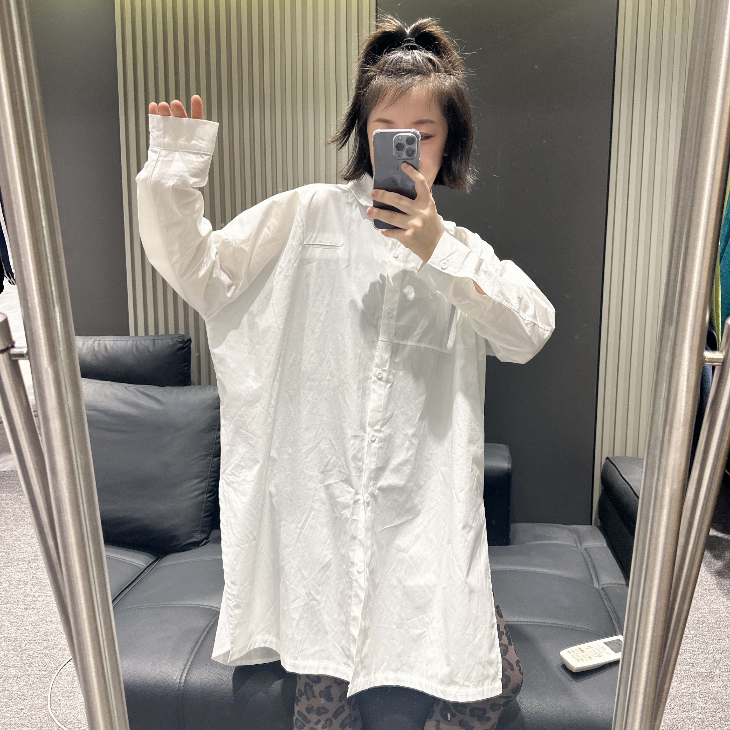 双双韩版宽松简约中长款纯色大版开叉时尚休闲百搭长袖衬衫连衣裙