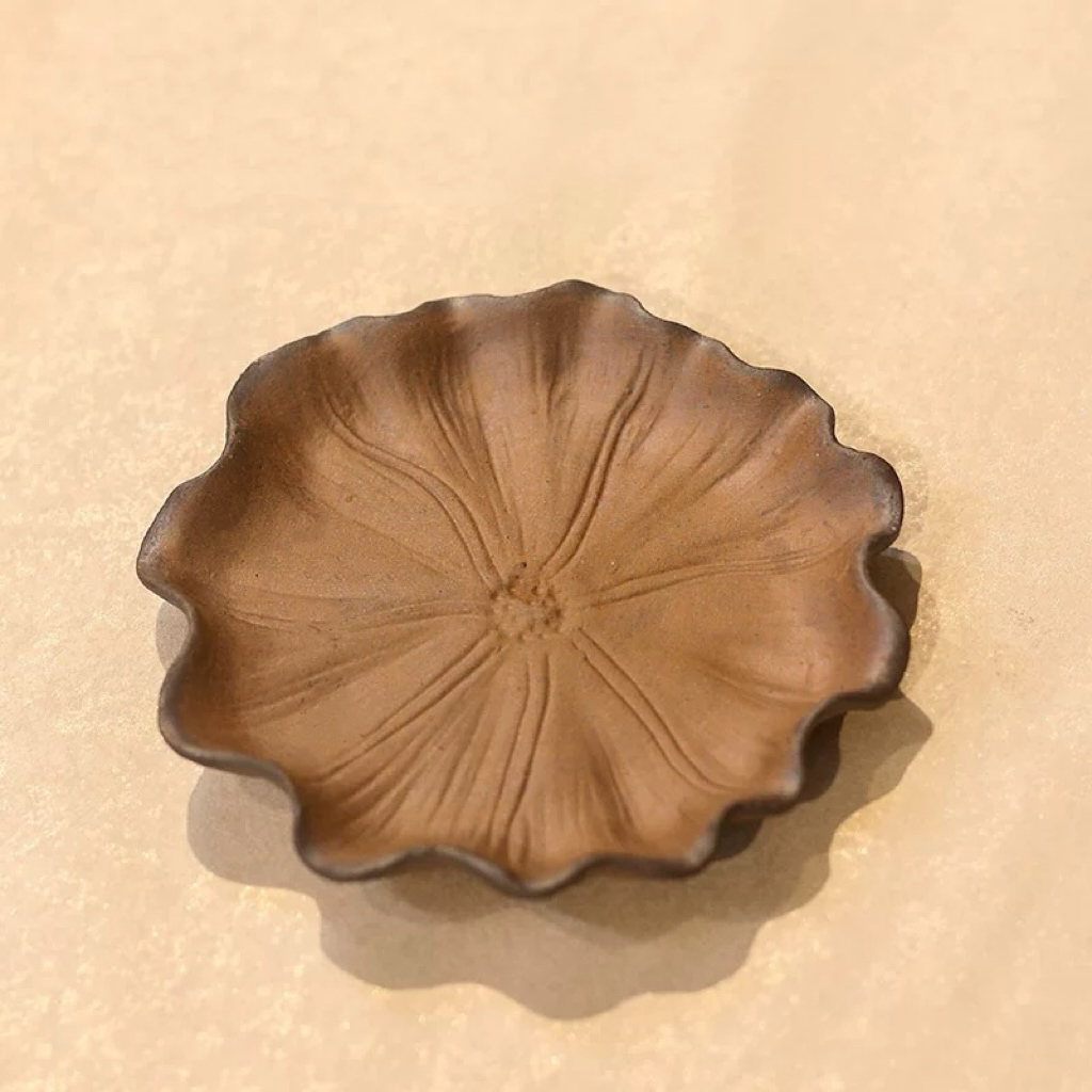 原矿黄陶泥粗陶手工荷叶茶托杯垫新中式手工雕刻茶托