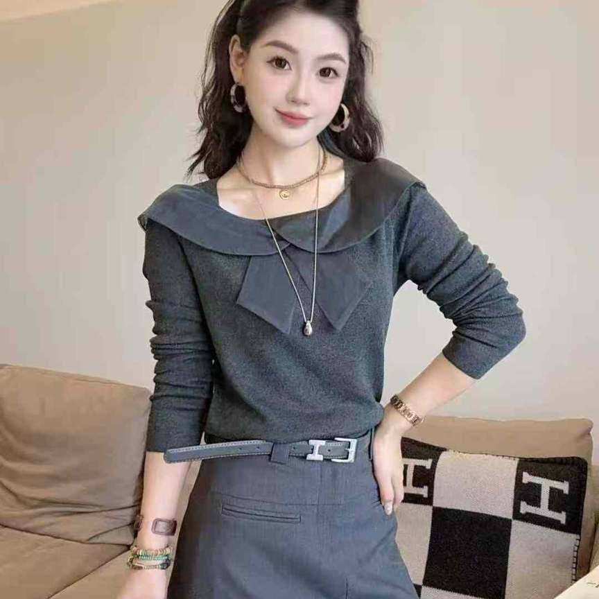兰兰家女装长袖针织圆领毛针织衫秋季打底衫薄款蝴蝶结