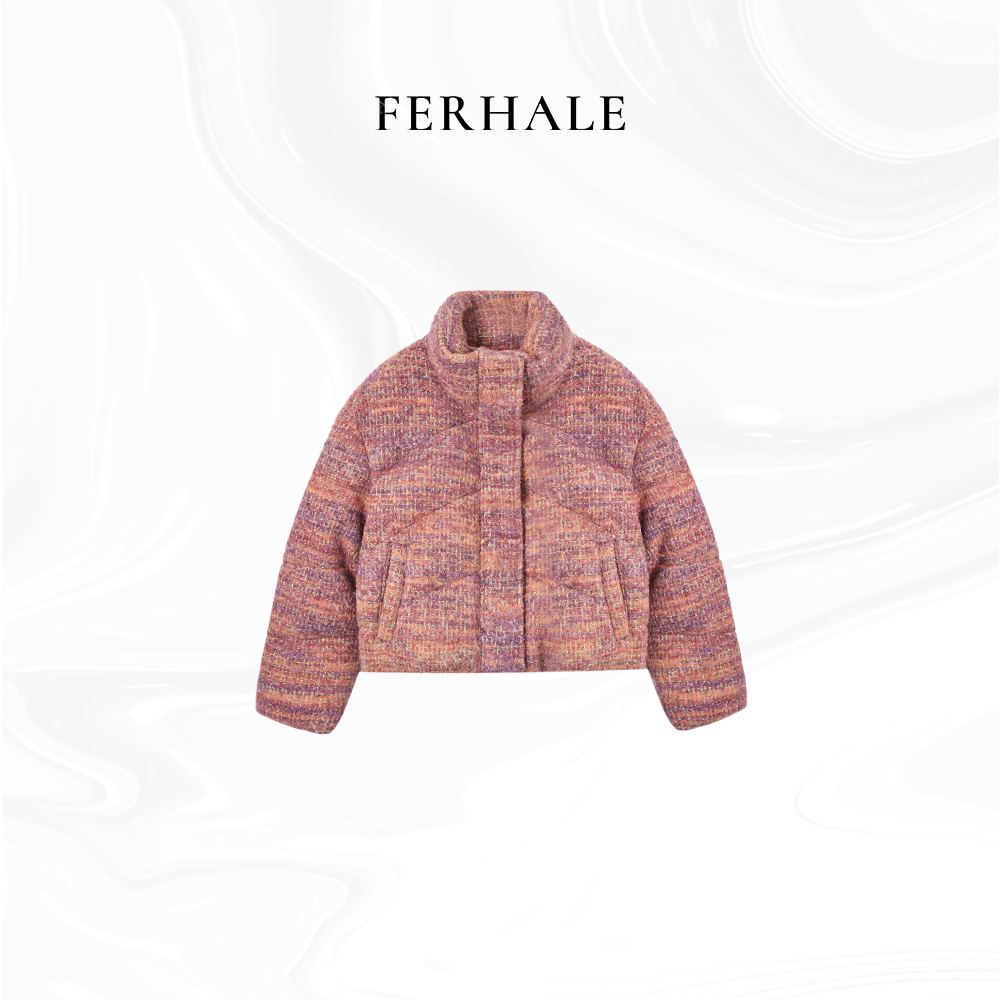 FERHALE高定系列 "白鹅绒+绵羊毛" 复古简奢橙棕粗花立领外套