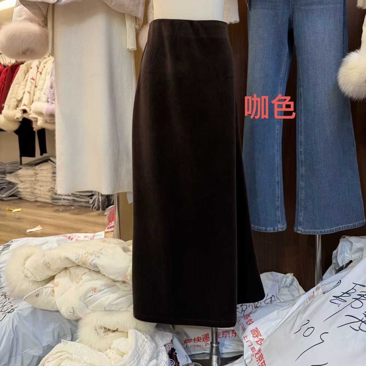 加绒加厚后开衩长半身裙2529