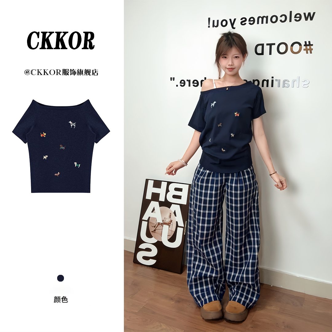 CKKOR露肩短袖t恤女夏季新款穿搭ins韩版显瘦百搭辣妹纯欲风上衣 