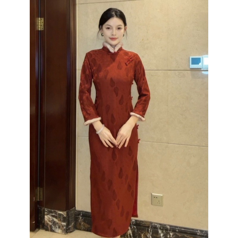 球球夫人丨红妆）125cm冬季加绒红色后拉链七分袖显白复古旗袍