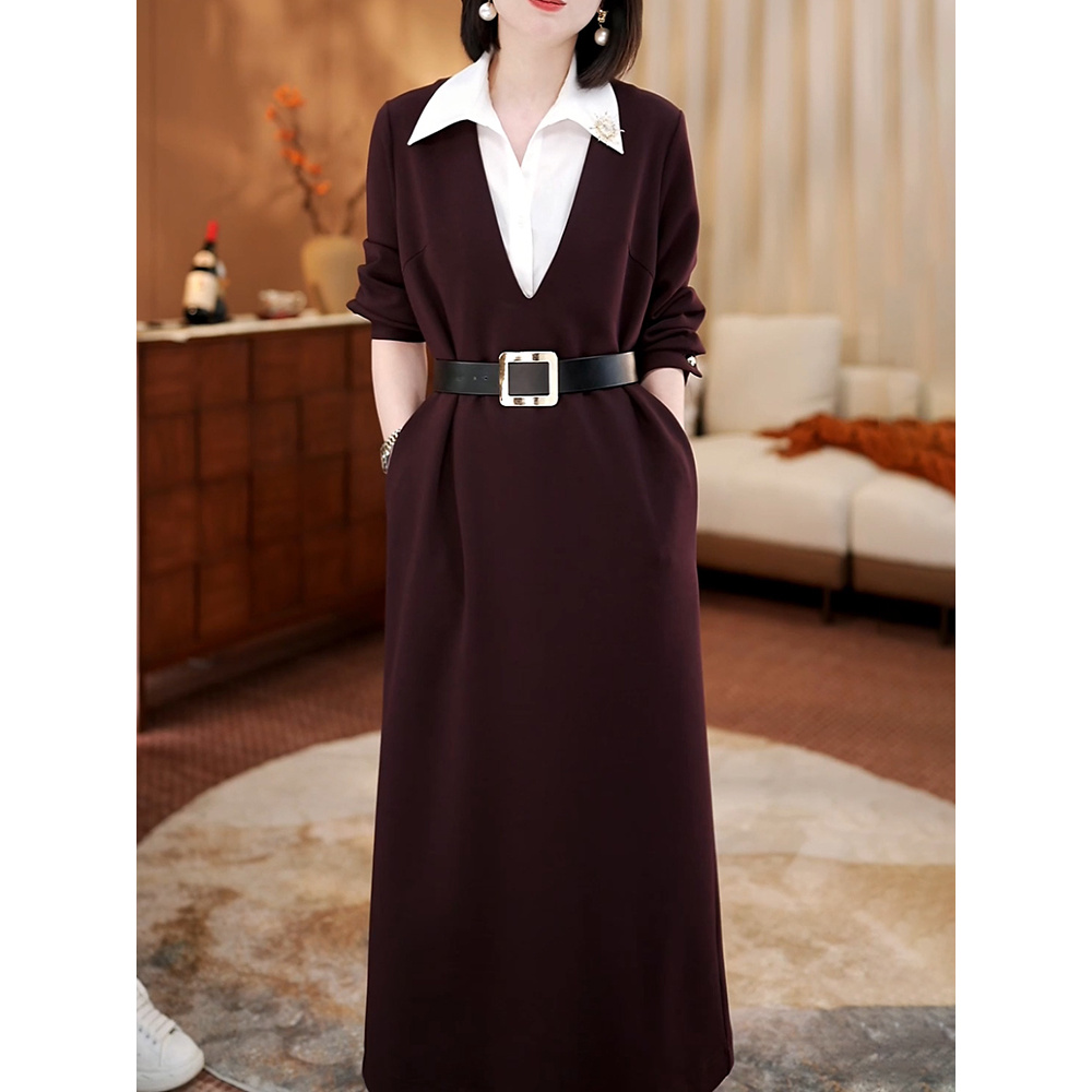 轻奢优雅气质长袖假两件连衣裙女2026春装新款高档大气拼接中长裙