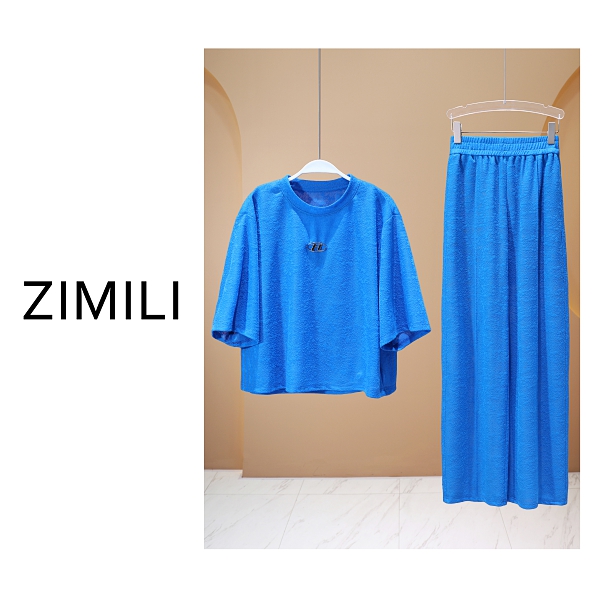 【子秋女装】2025夏季亲肤冰凉湖水蓝慵懒感时尚休闲短袖套装8088