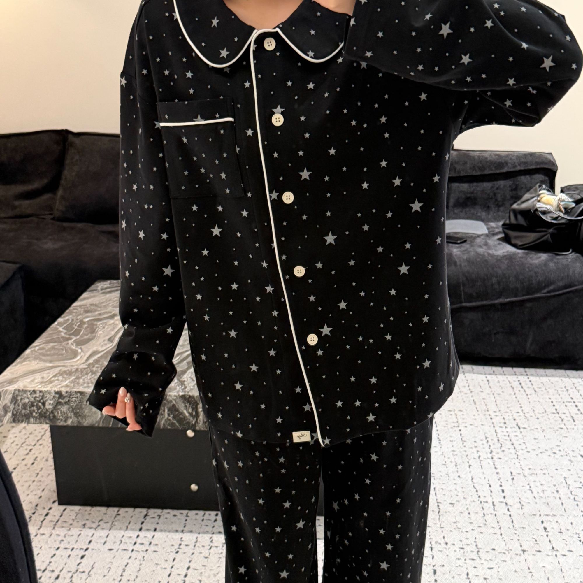 VINEEMAN【暗夜星河】长袖长裤常规款星星睡衣秋冬黑色休闲蕾丝C