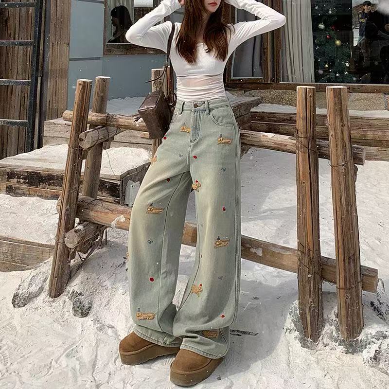 卡通腊肠狗立体刺绣加绒阔腿牛仔裤女2024冬季高腰显瘦长裤蛮腰纪