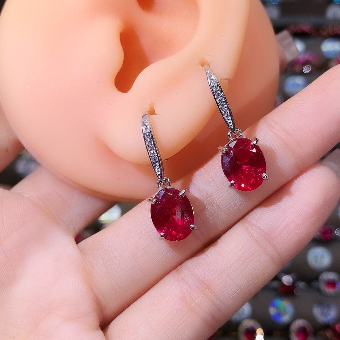 银S925镶嵌耳饰红宝石白810