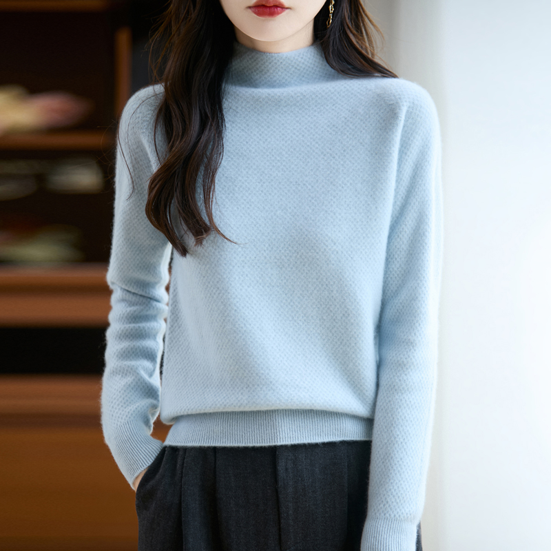 法式无缝一体100羊毛衫蜂窝提花半高领女宽松百搭针织羊毛打底衫