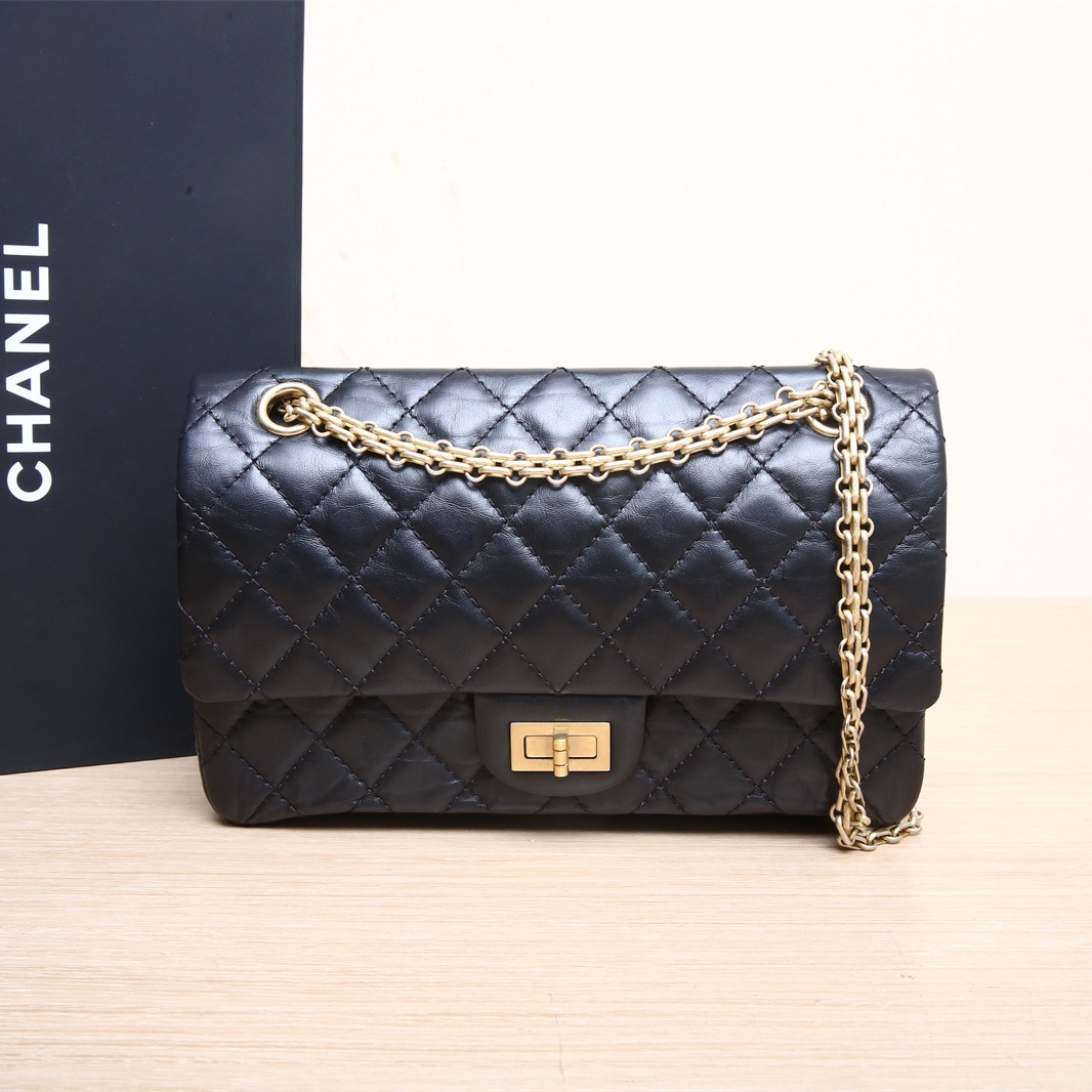 95新 Chanel/香奈儿 小花攀攀2.55 小号24cm黑色皮革C 26开金扣包